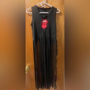 Black Fringe Tank Top with Rolling Stones Patch